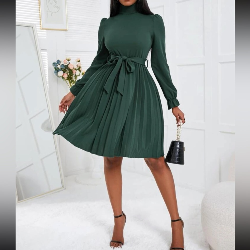 Luxe turtleneck flounce sleeve pleated dress